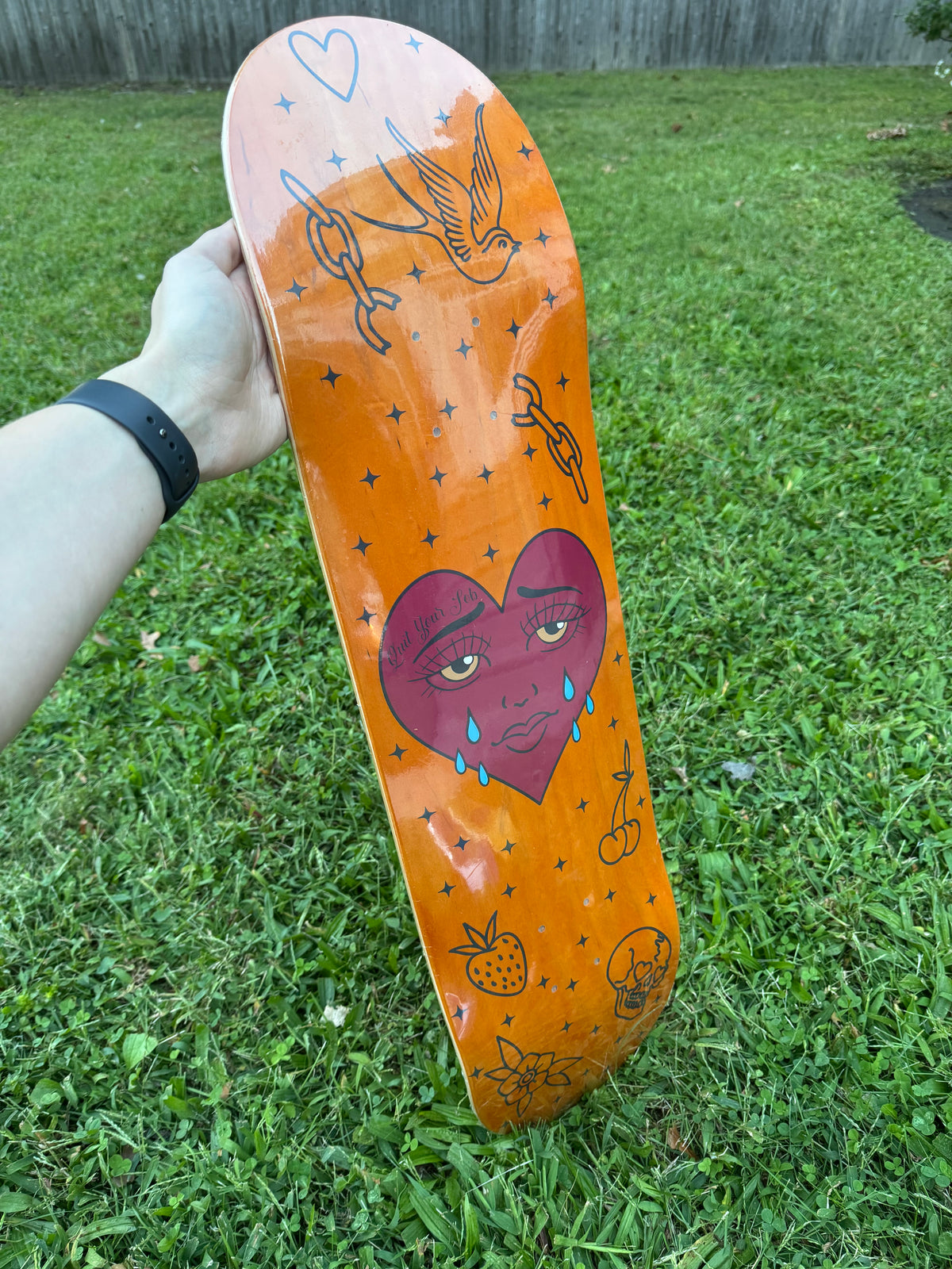 Crying Heart Tattoo Flash Skateboard 8.38 Inch (Orange Stain) Twin nose and Tail