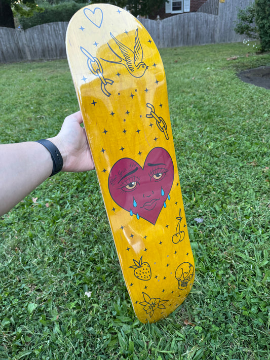 Crying Heart Tattoo Flash Skateboard 8.38 Inch (Yellow Stain) Twin nose and Tail